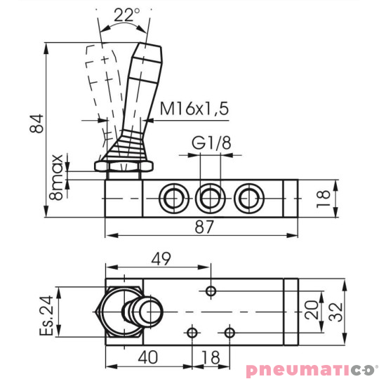 Zawór ręczny - dźwignia boczna dwupozycyjna 5/2 PNEUMAX Zawór ręczny - dźwignia boczna dwupozycyjna 5/2 PNEUMAX