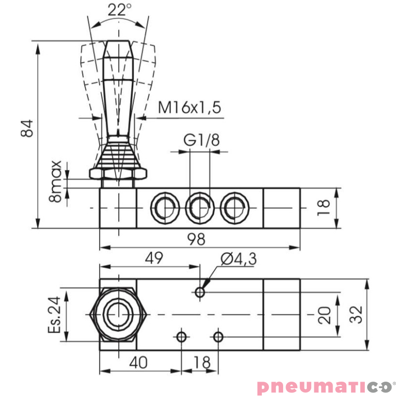 Zaw&oacute;r ręczny - dźwignia boczna tr&oacute;jpozycyjna - powr&oacute;t sprężyną do pozycji środkowej 5/3 PNEUMAX