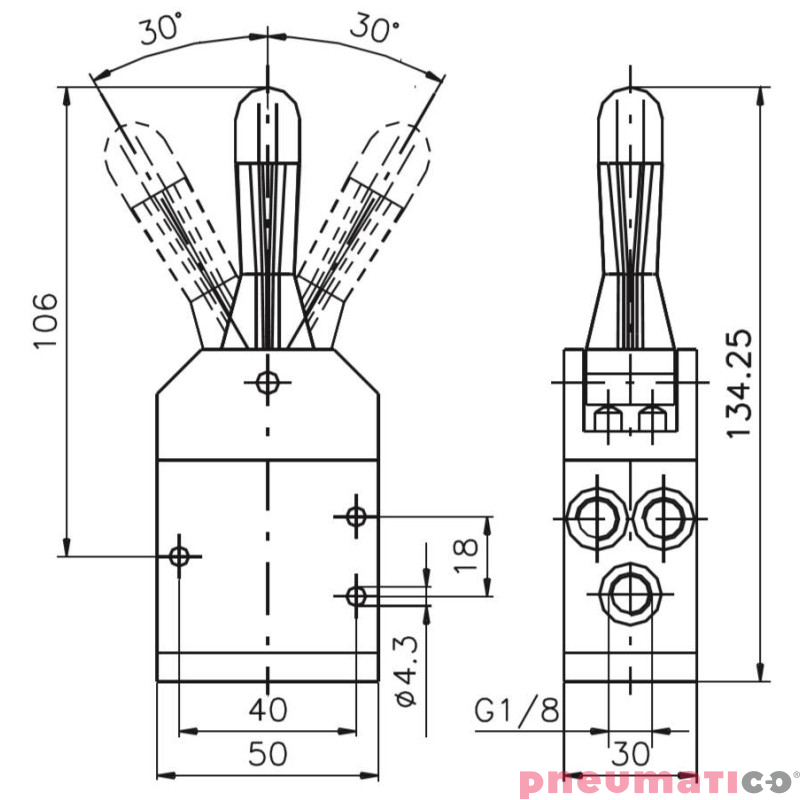 Zaw&oacute;r ręczny - dźwignia w osi, 3-pozycje, powr&oacute;t do środka sprężyną 5/3 PNEUMAX