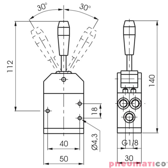 Zaw&oacute;r ręczny - dźwignia metalowa w osi, 3-pozycje 5/3 PNEUMAX
