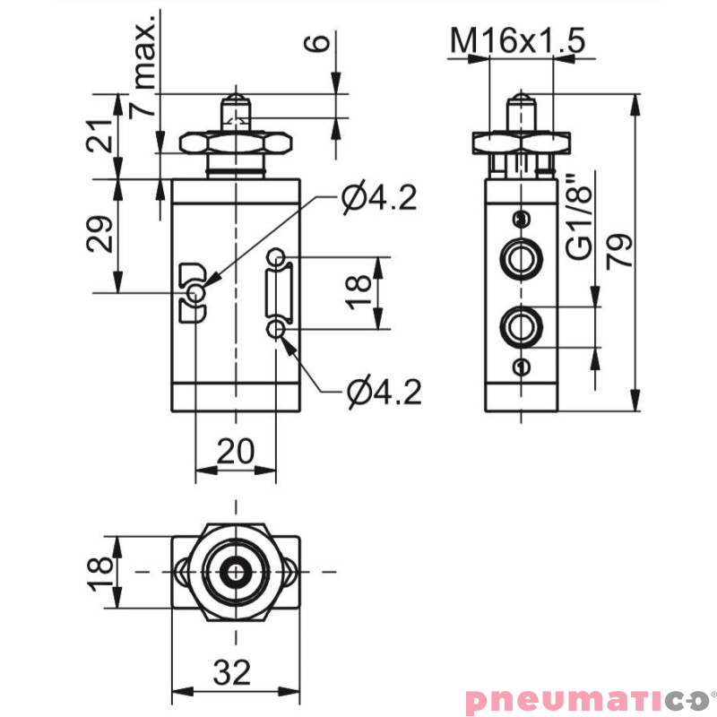Zawór ręczny - popychacz (montaż panelowy) sprężyna 3/2 PNEUMAX Zawór ręczny - popychacz (montaż panelowy) sprężyna 3/2 PNEUMAX