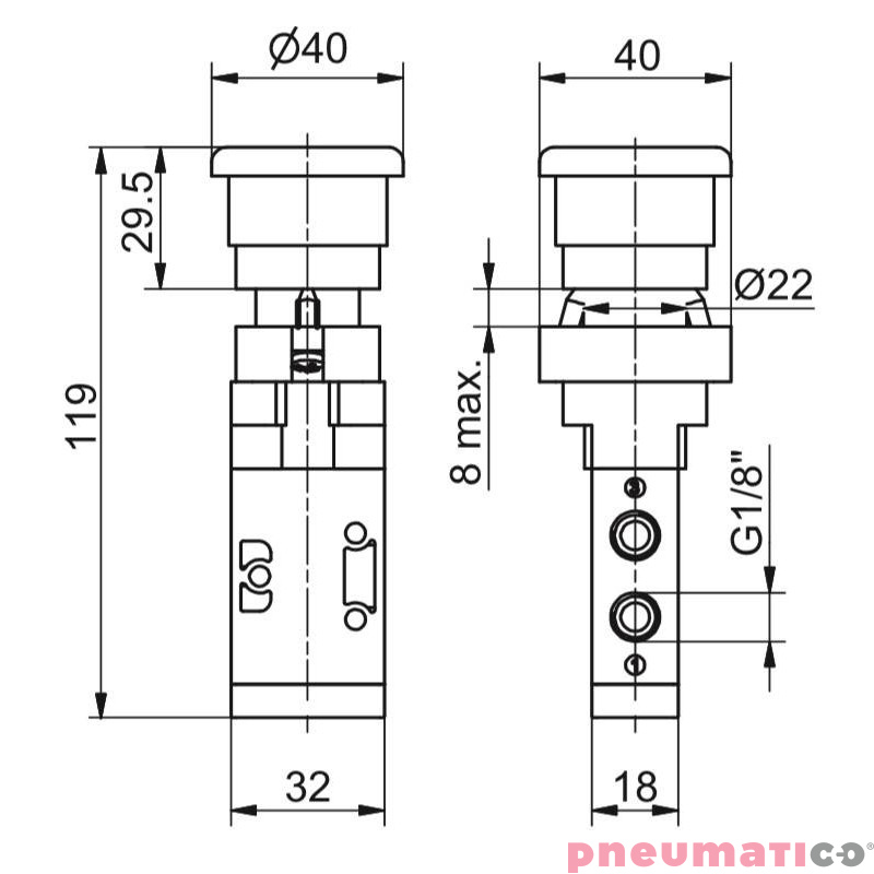 Zawór ręczny - przycisk awaryjny dwupozycyjny 3/2 PNEUMAX Zawór ręczny - przycisk awaryjny dwupozycyjny 3/2 PNEUMAX