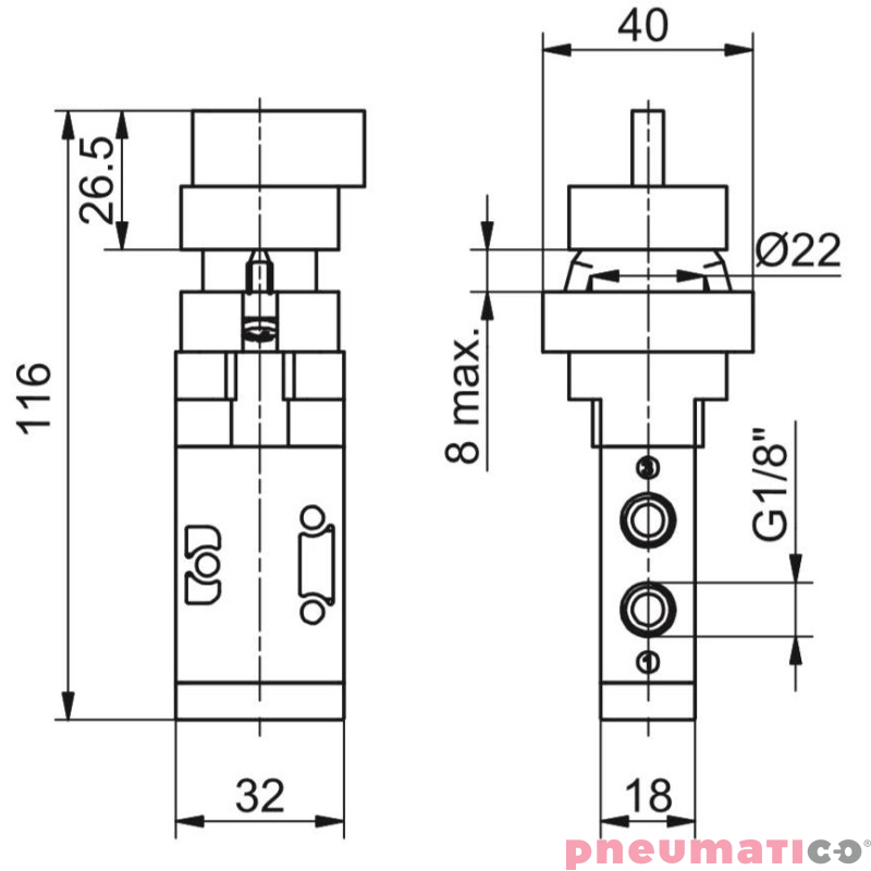 Zawór ręczny - przełącznik dwupozycyjny 3/2 PNEUMAX Zawór ręczny - przełącznik dwupozycyjny 3/2 PNEUMAX