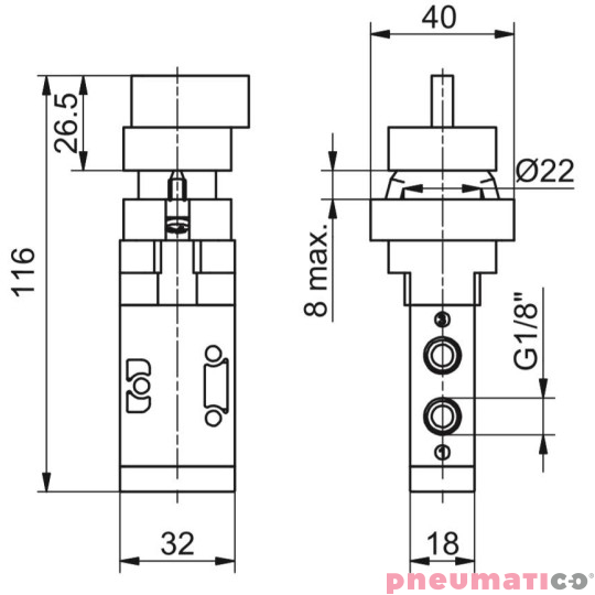 Zawór ręczny - przełącznik dwupozycyjny 3/2 PNEUMAX Zawór ręczny - przełącznik dwupozycyjny 3/2 PNEUMAX