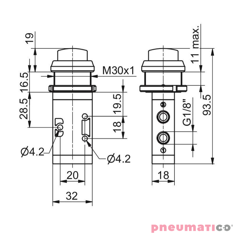 Zaw&oacute;r ręczny - przycisk pod panel 30 3/2 PNEUMAX