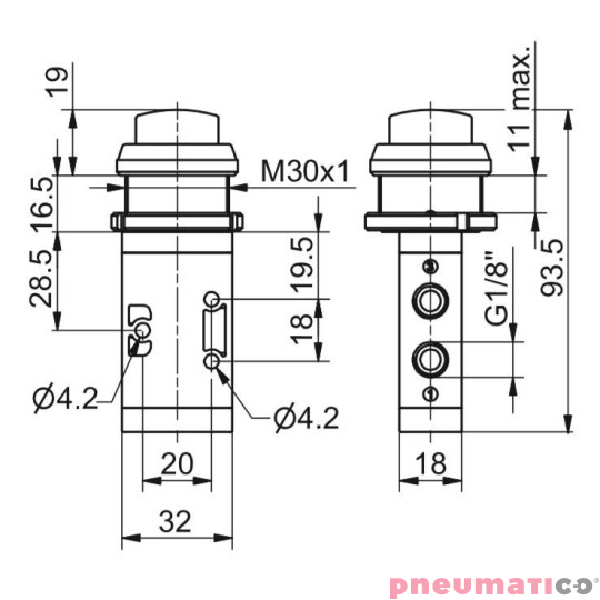 Zaw&oacute;r ręczny - przycisk pod panel 30 3/2 PNEUMAX