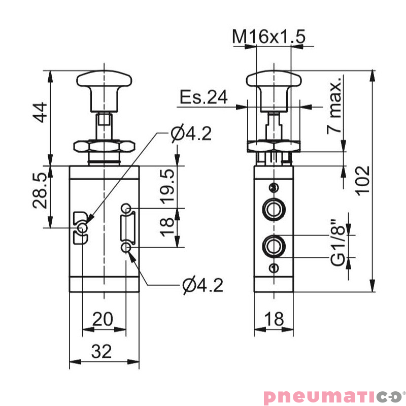 Zawór ręczny - przycisk sprężyna 3/2 PNEUMAX Zawór ręczny - przycisk sprężyna 3/2 PNEUMAX