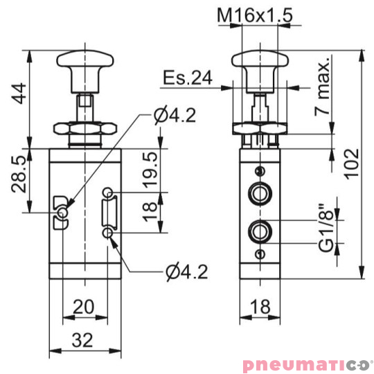 Zawór ręczny - przycisk sprężyna 3/2 PNEUMAX Zawór ręczny - przycisk sprężyna 3/2 PNEUMAX