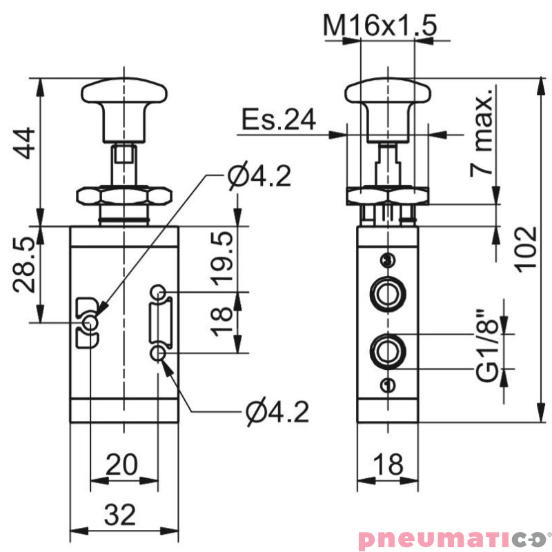 Zawór ręczny - przycisk - cięgno, dwupozycyjny 3/2 PNEUMAX Zawór ręczny - przycisk - cięgno, dwupozycyjny 3/2 PNEUMAX