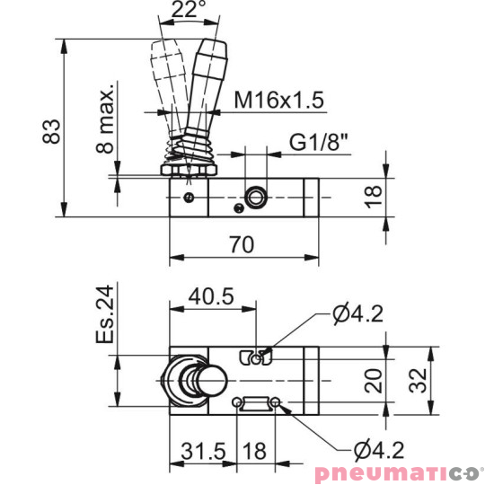 Zawór ręczny - dźwignia boczna dwupozycyjna 3/2 PNEUMAX Zawór ręczny - dźwignia boczna dwupozycyjna 3/2 PNEUMAX
