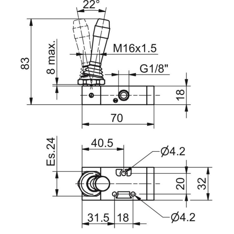Zawór ręczny - dźwignia boczna dwupozycyjna 3/2 PNEUMAX Zawór ręczny - dźwignia boczna dwupozycyjna 3/2 PNEUMAX