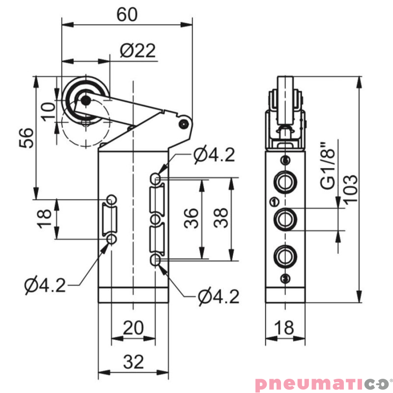 Zaw&oacute;r ręczny - dźwignia z rolką (łożysko kulkowe) - sprężyna 5/2 PNEUMAX
