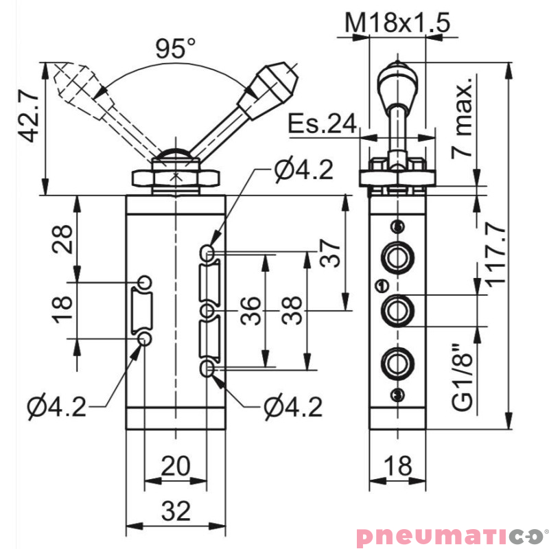 Zawór ręczny - dźwignia dwupozycyjna 5/2 PNEUMAX Zawór ręczny - dźwignia dwupozycyjna 5/2 PNEUMAX