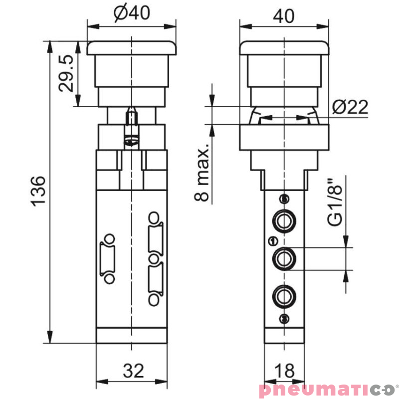 Zawór ręczny - przycisk awaryjny dwupozycyjny 5/2 PNEUMAX Zawór ręczny - przycisk awaryjny dwupozycyjny 5/2 PNEUMAX