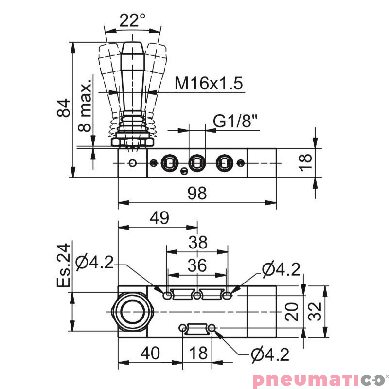 Zaw&oacute;r ręczny - dźwignia boczna tr&oacute;jpozycyjna - powr&oacute;t sprężyną do pozycji środkowej 5/3 PNEUMAX