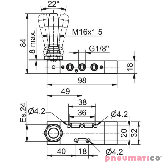 Zaw&oacute;r ręczny - dźwignia boczna tr&oacute;jpozycyjna - powr&oacute;t sprężyną do pozycji środkowej 5/3 PNEUMAX