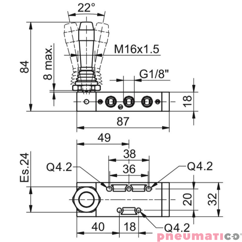Zawór ręczny - dźwignia boczna trójpozycyjna - trzy pozycje stabilne 5/3 PNEUMAX Zawór ręczny - dźwignia boczna trójpozycyjna - trzy pozycje stabilne 5/3 PNEUMAX