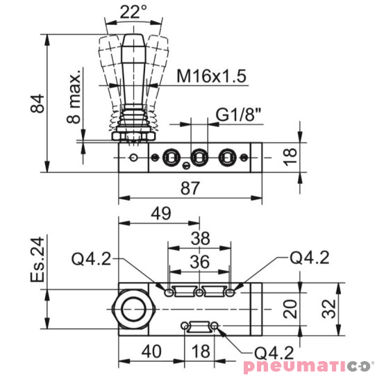 Zawór ręczny - dźwignia boczna trójpozycyjna - trzy pozycje stabilne 5/3 PNEUMAX Zawór ręczny - dźwignia boczna trójpozycyjna - trzy pozycje stabilne 5/3 PNEUMAX