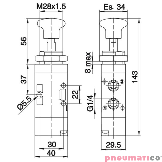 Zawór ręczny - przycisk cięgno - dwupozycyjny 3/2 PNEUMAX Zawór ręczny - przycisk cięgno - dwupozycyjny 3/2 PNEUMAX