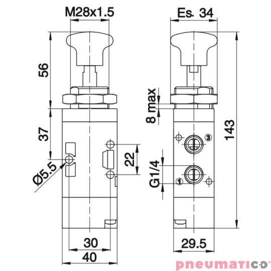 Zawór ręczny - przycisk cięgno - sprężyna 3/2 PNEUMAX Zawór ręczny - przycisk cięgno - sprężyna 3/2 PNEUMAX