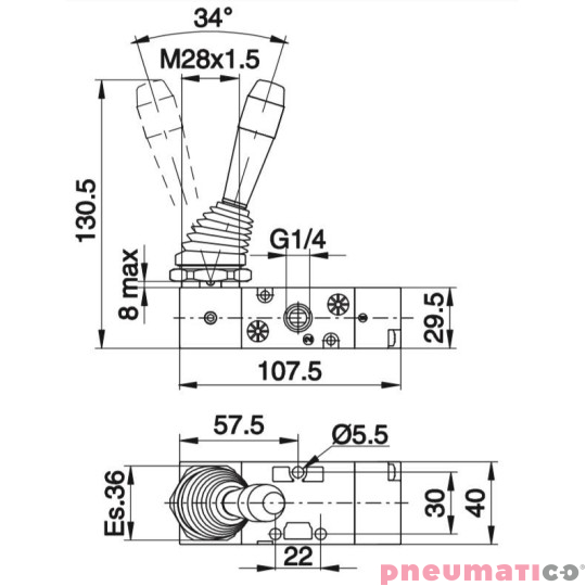 Zawór ręczny - dźwignia boczna dwupozycyjna 3/2 PNEUMAX Zawór ręczny - dźwignia boczna dwupozycyjna 3/2 PNEUMAX