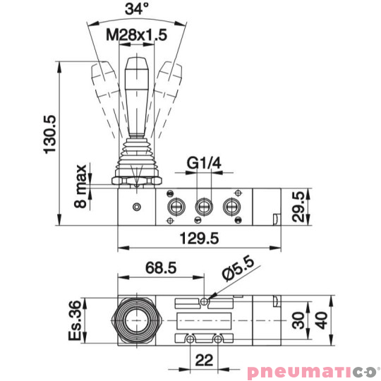 Zawór ręczny - dźwignia boczna trójpozycyjna - powrót sprężyną do pozycji środkowej 5/3 PNEUMAX Zawór ręczny - dźwignia boczna trójpozycyjna - powrót sprężyną do pozycji środkowej 5/3 PNEUMAX