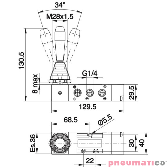 Zawór ręczny - dźwignia boczna trójpozycyjna - trzy pozycje stabilne 5/3 PNEUMAX Zawór ręczny - dźwignia boczna trójpozycyjna - trzy pozycje stabilne 5/3 PNEUMAX