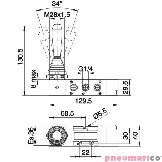 Zawór ręczny - dźwignia boczna trójpozycyjna - trzy pozycje stabilne 5/3 PNEUMAX Zawór ręczny - dźwignia boczna trójpozycyjna - trzy pozycje stabilne 5/3 PNEUMAX