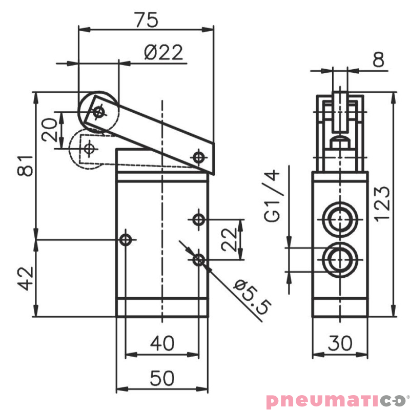 Zawór ręczny - dźwignia z rolką - sprężyna 3/2 PNEUMAX Zawór ręczny - dźwignia z rolką - sprężyna 3/2 PNEUMAX