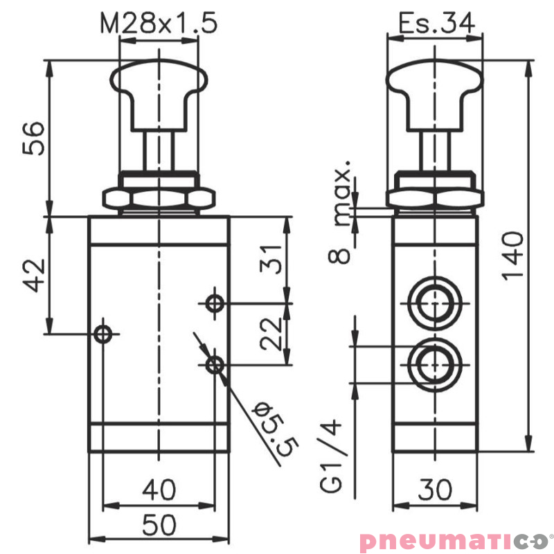 Zawór ręczny - przycisk cięgno sprężyna 3/2 PNEUMAX Zawór ręczny - przycisk cięgno sprężyna 3/2 PNEUMAX