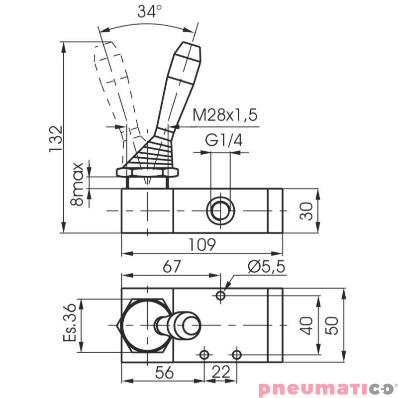 Zawór ręczny - dźwignia boczna sprężyna 3/2 PNEUMAX Zawór ręczny - dźwignia boczna sprężyna 3/2 PNEUMAX