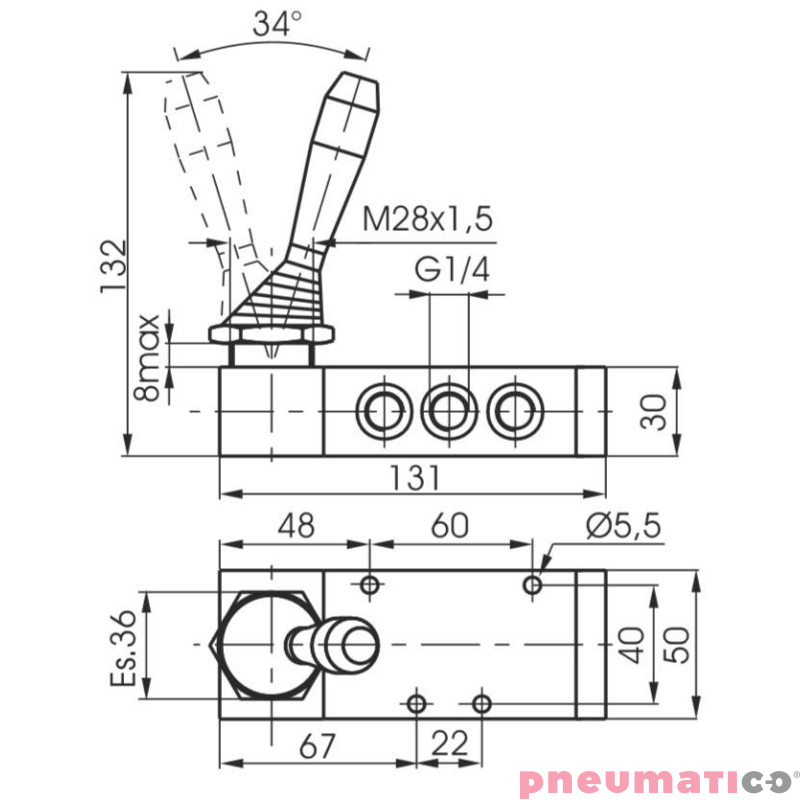 Zawór ręczny - dźwignia boczna sprężyna 5/2 PNEUMAX Zawór ręczny - dźwignia boczna sprężyna 5/2 PNEUMAX