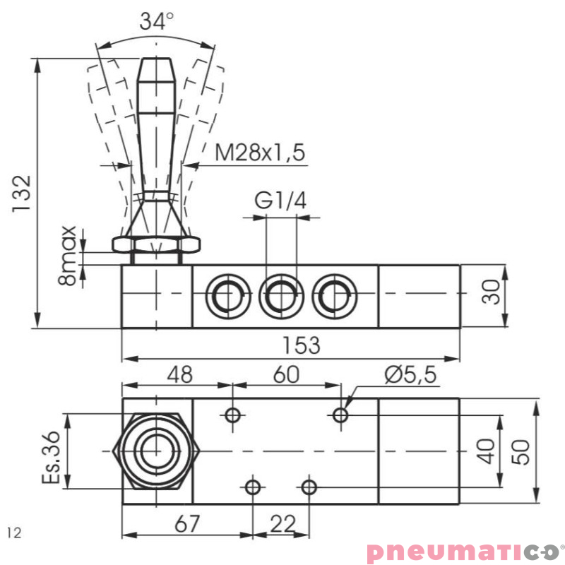 Zaw&oacute;r ręczny - dźwignia boczna tr&oacute;jpozycyjna - powr&oacute;t sprężyną do poz. środkowej 5/3 PNEUMAX