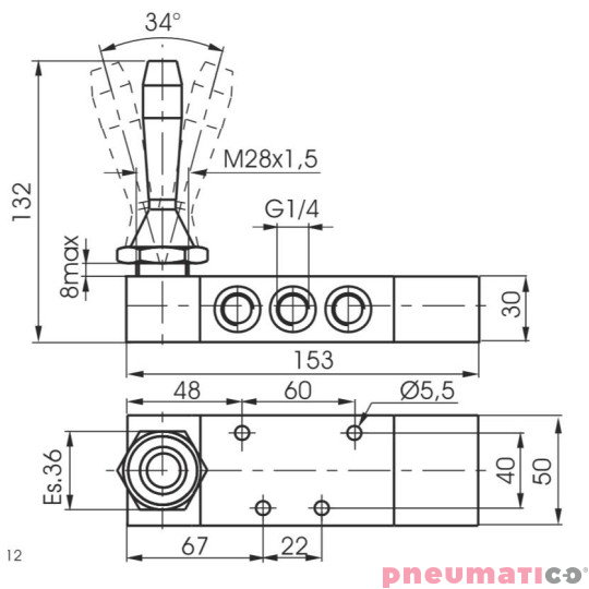 Zaw&oacute;r ręczny - dźwignia boczna tr&oacute;jpozycyjna - powr&oacute;t sprężyną do poz. środkowej 5/3 PNEUMAX