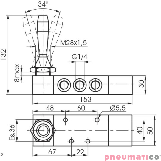 Zaw&oacute;r ręczny - dźwignia boczna tr&oacute;jpozycyjna - powr&oacute;t sprężyną do poz. środkowej 5/3 PNEUMAX