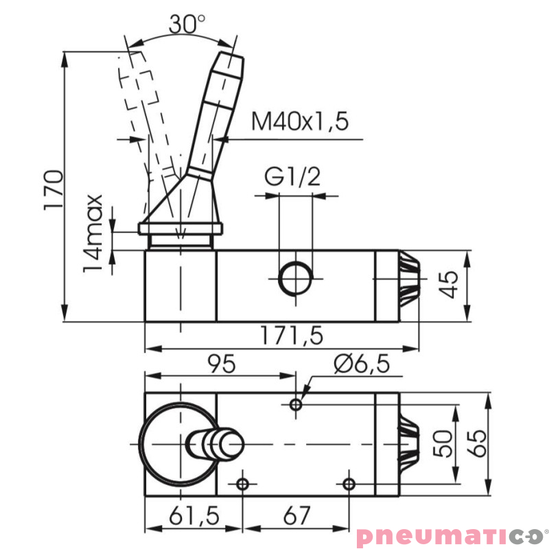Zawór ręczny - dźwignia boczna sprężyna 5/2 PNEUMAX Zawór ręczny - dźwignia boczna sprężyna 5/2 PNEUMAX