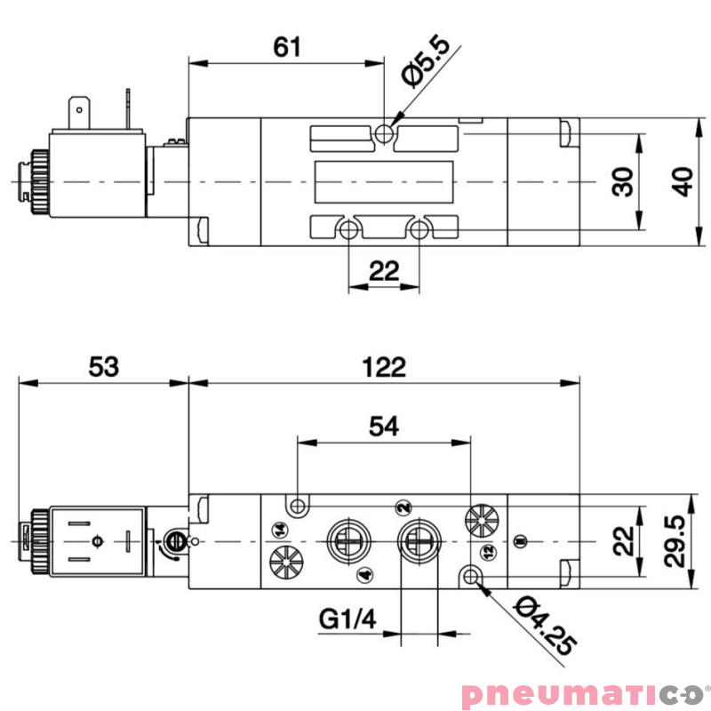 Zawór elektromagnetyczny - cewka - sprężyna (zasilanie wewnętrzne pilota) 5/2 PNEUMAX T424.52.0.1.B Zawór elektromagnetyczny - cewka - sprężyna (zasilanie wewnętrzne pilota) 5/2 PNEUMAX T424.52.0.1.B