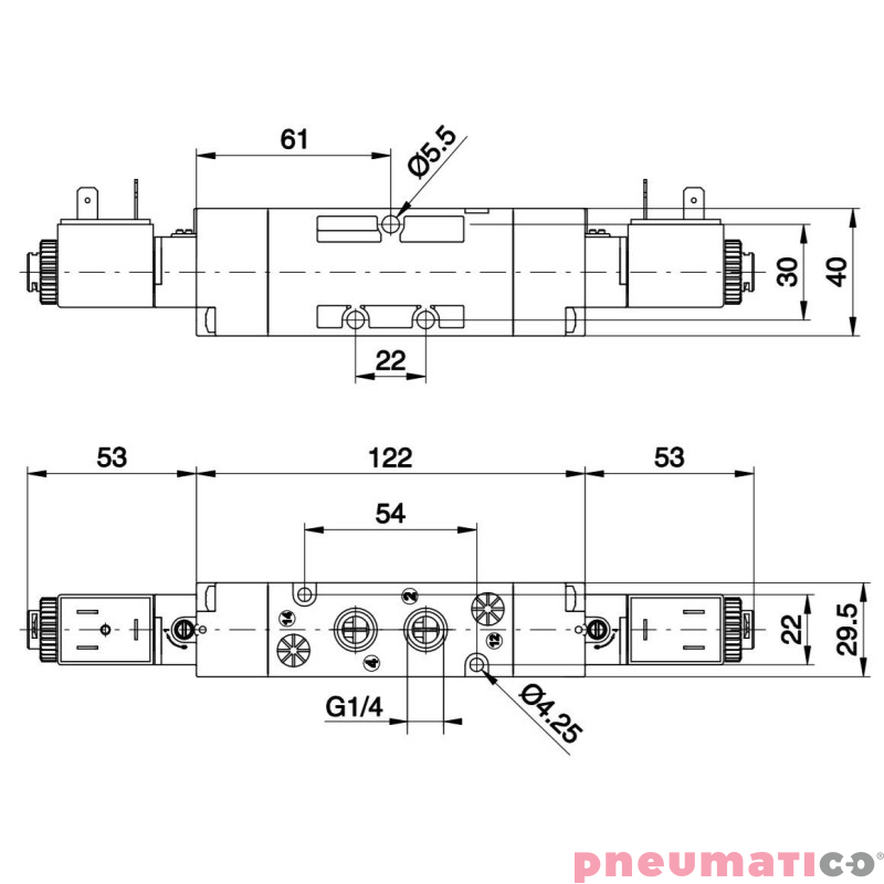 Zawór elektromagnetyczny - rozdzielacz (zasilanie wewnętrzne pilotów) 5/3 PNEUMAX Zawór elektromagnetyczny - rozdzielacz (zasilanie wewnętrzne pilotów) 5/3 PNEUMAX