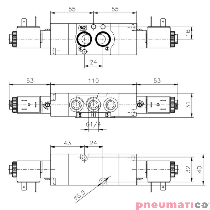 Elektrorozdzielacz bistabilny 5/2 PNEUMAX T514.52.00.35.B