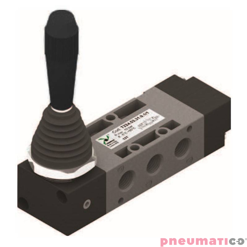 Zaw&oacute;r ręczny - dźwignia boczna tr&oacute;jpozycyjna - powr&oacute;t sprężyną do pozycji środkowej 5/3 PNEUMAX